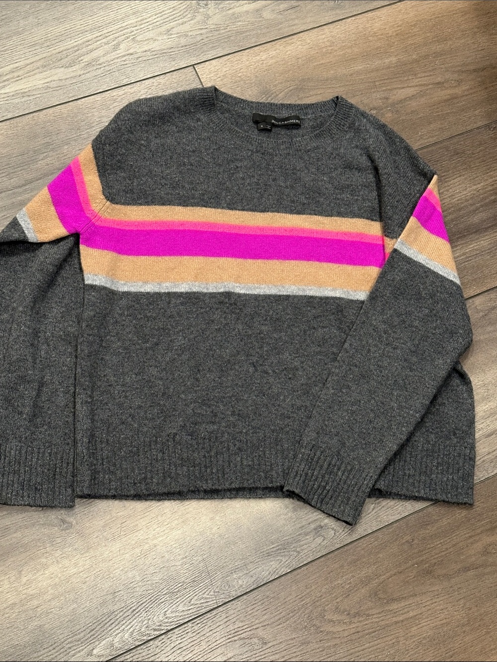 360 Cashmere Gray Sweater with Pink and Tan Stripe